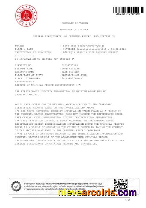 Turkey Ministry of Justice Criminal Record Certificate